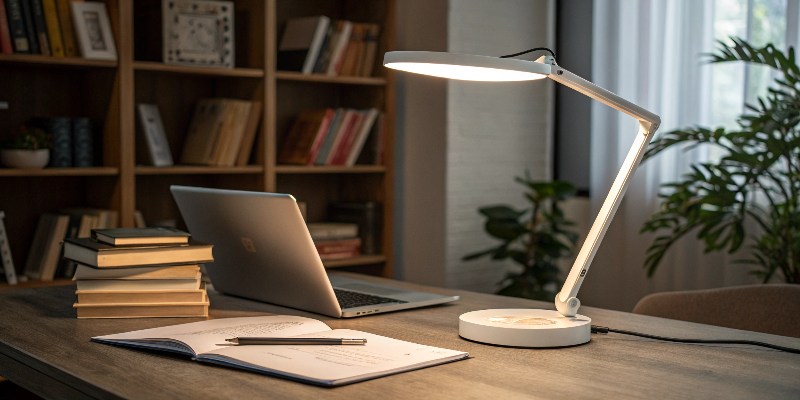 elegant workspace with laptop and white desk lamp, perfect for reading