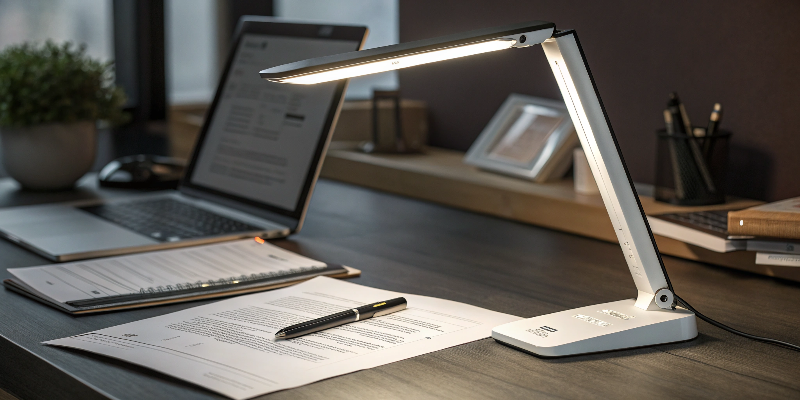 Modern LED desk lamp on office desk, providing bright lighting