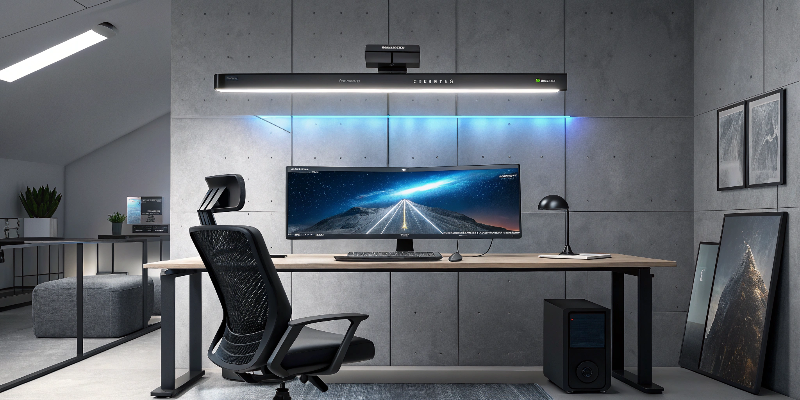 Modern workspace with LED lighting, ergonomic chair, and ultrawide monitor