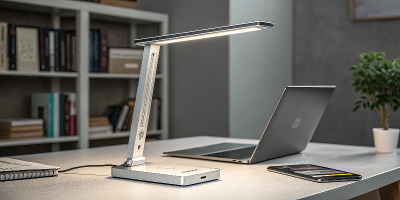 Modern LED desk lamp with wireless charging and touch control, perfect for home office.