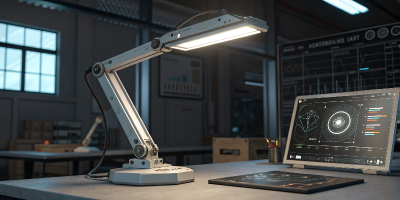 Modern adjustable LED desk lamp in a workspace