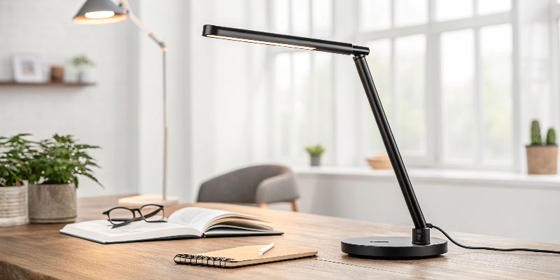 Modern LED desk lamp on wooden desk, ideal for reading and working