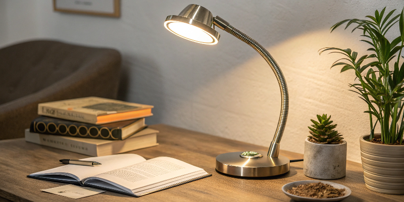 Modern LED desk lamp with flexible neck on wooden desk