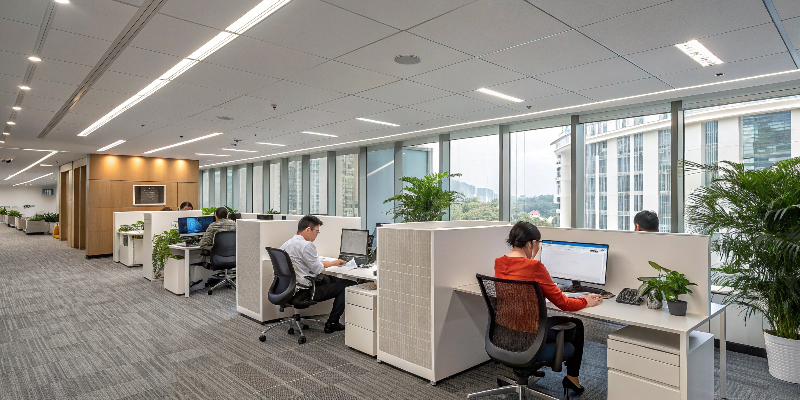 Modern office with employees working at desks, bright and organized workspace