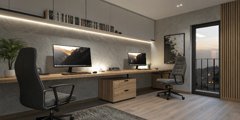 Modern home office with dual monitors, wooden desk, and LED lighting