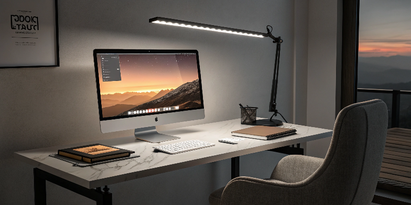 Modern LED desk lamp with adjustable arm in home office