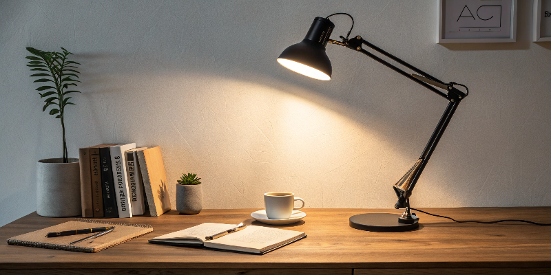 Black adjustable desk lamp illuminating a wooden desk workspace