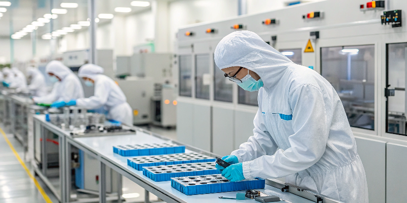 Technicians in a cleanroom assembling electronic components