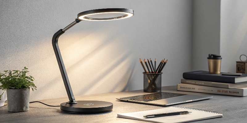 Modern LED desk lamp on workspace, ideal for study and work