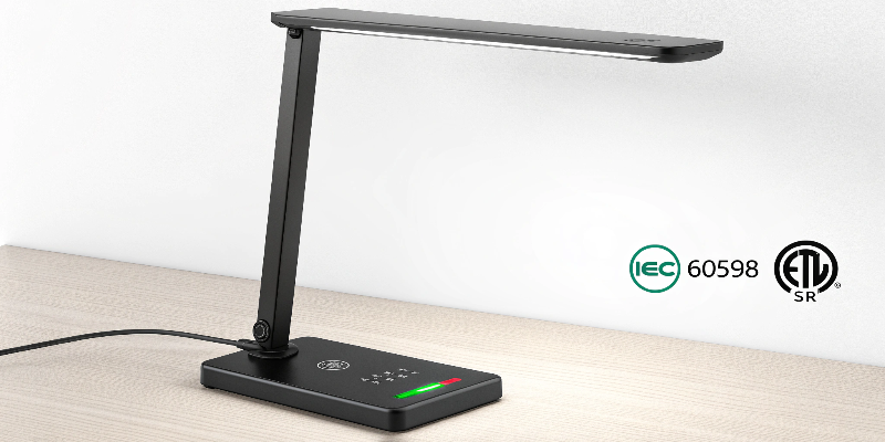 Black LED desk lamp with touch controls and certifications