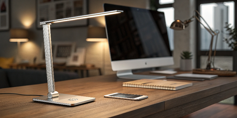 Modern LED desk lamp on wooden desk in workspace