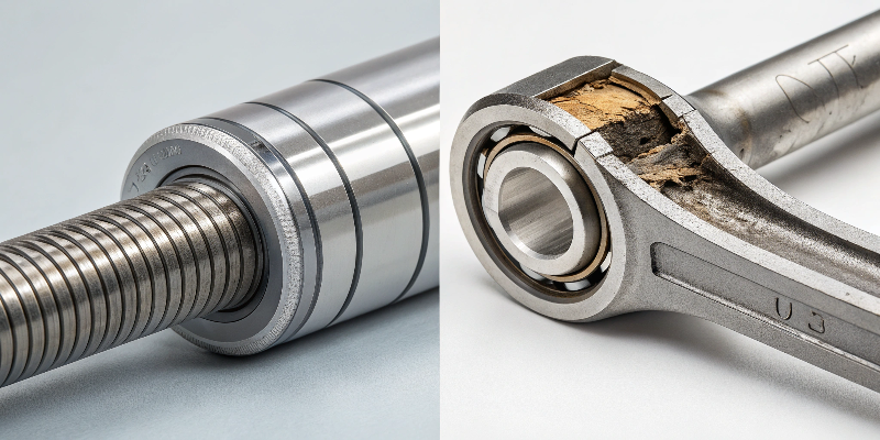 Precision ball screw vs. damaged connecting rod, highlighting wear and failure