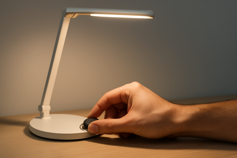 Hand adjusting the dimmer switch on an LED desk lamp with visible light levels