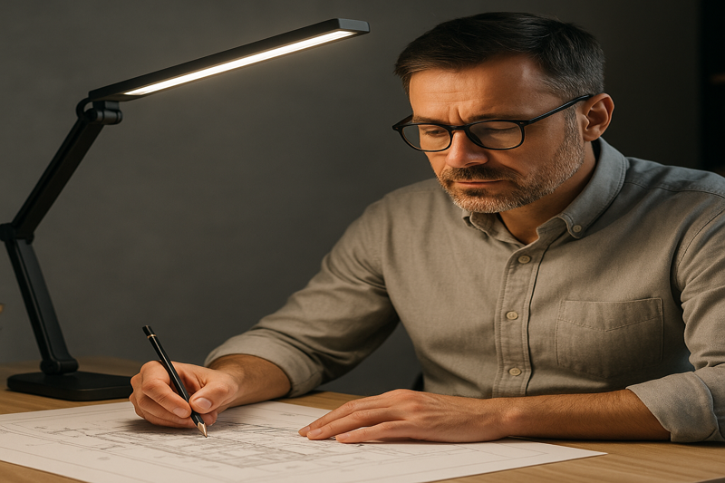 Architect Working Comfortably Under Dimmable LED Desk Lamp Reducing Eye Strain