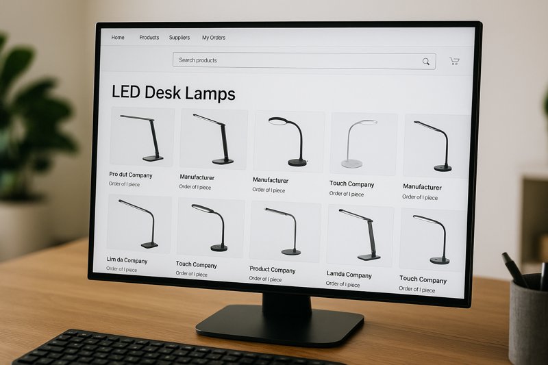 Computer screen showing a B2B marketplace with listings for LED desk lamps
