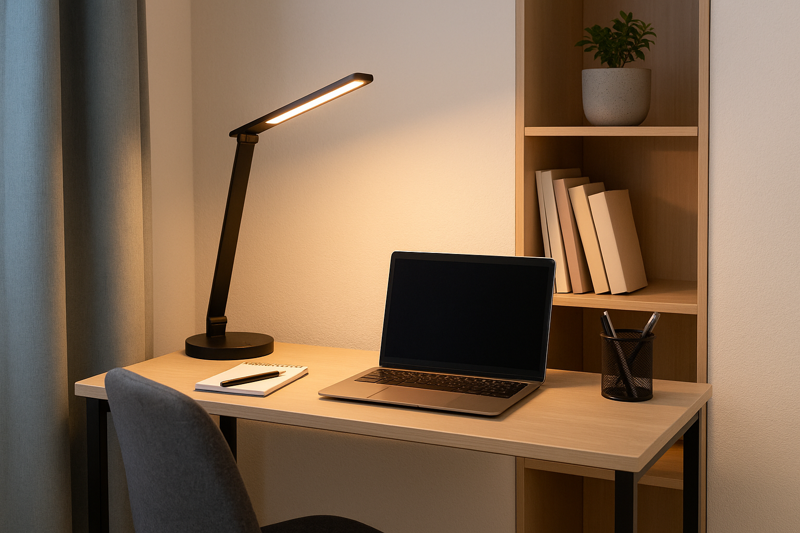 Compact dimmable LED desk lamp on a small home office desk, showing efficient use of space