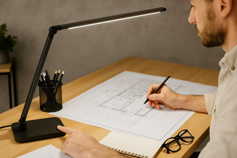 Designer Adjusting Brightness on LED Desk Lamp for Detailed Work