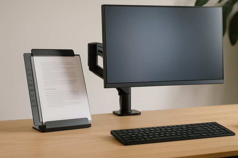 Document holder and monitor arm on desk
