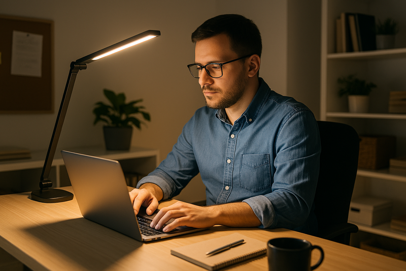 Remote worker using a dimmable LED desk lamp in a home office setting