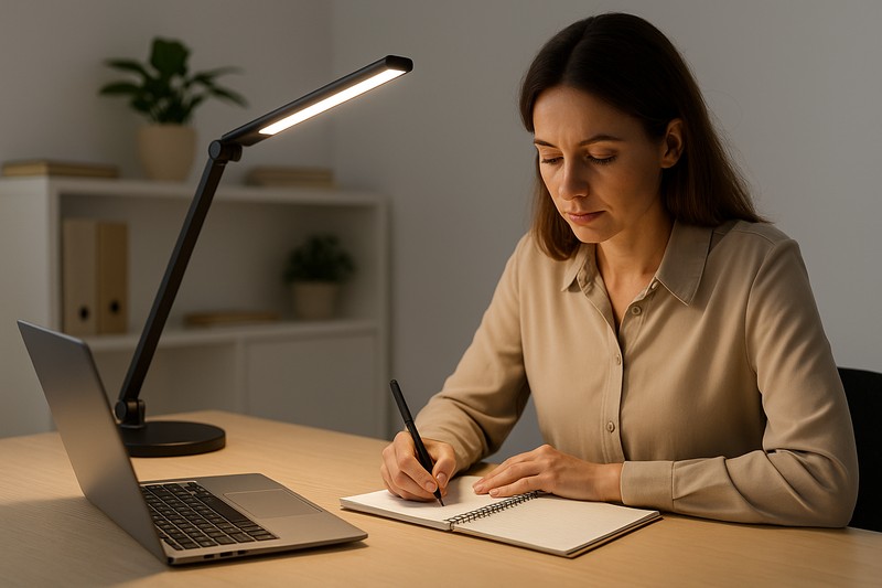 Desk lamp positioned beside laptop on tidy desk