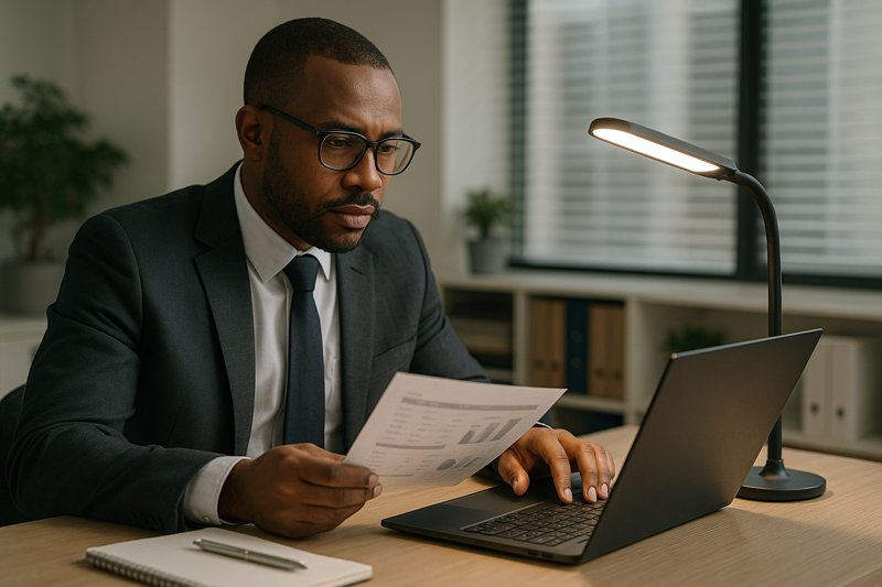 Business professional researching suppliers for dimmable LED desk lamps