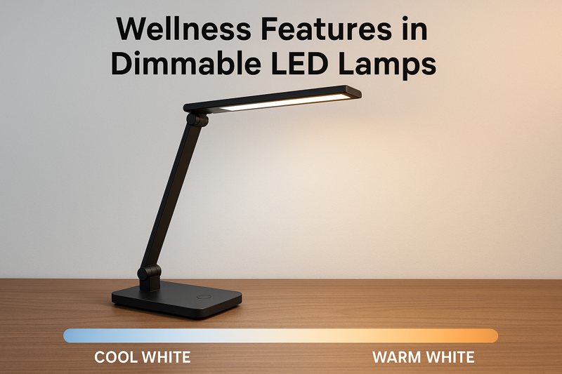 Dimmable LED desk lamp showcasing adjustable color temperature from cool to warm white