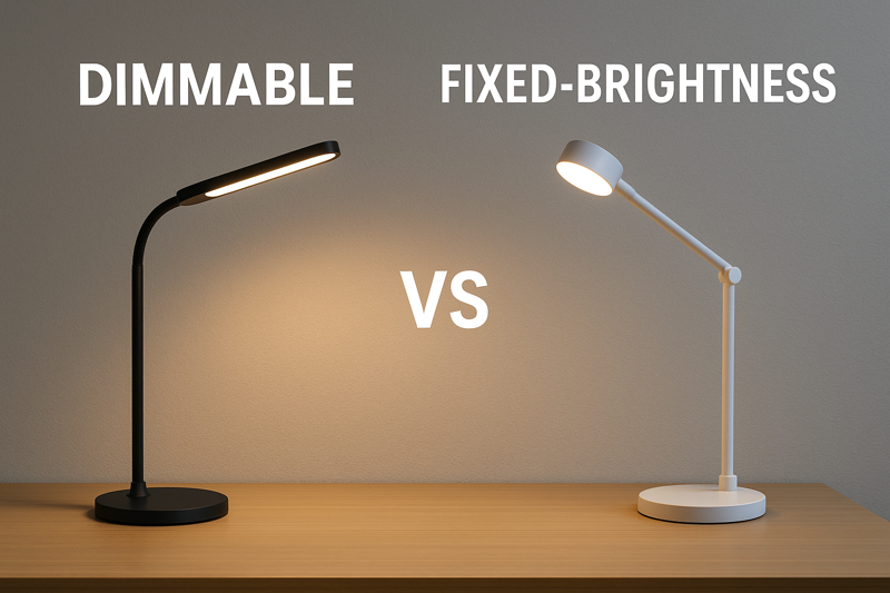 Side-by-side comparison of dimmable and fixed-brightness LED desk lamps