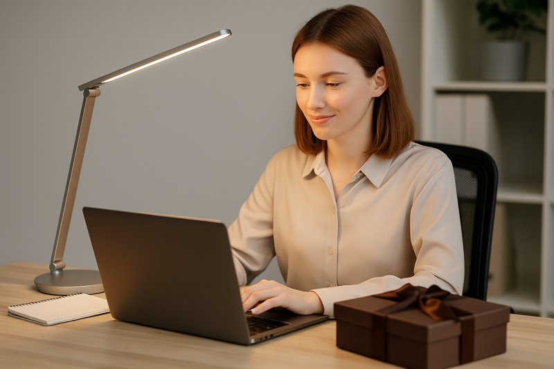 Employee Comfortably Working Under Dimmable LED Desk Lamp Gift
