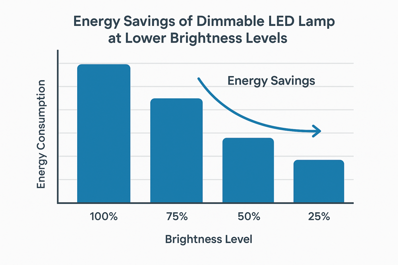 Graph showing energy savings of dimmable LED lamp at lower brightness levels