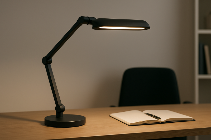 Modern ergonomic LED desk lamp with flexible arm and glare shield in a workspace