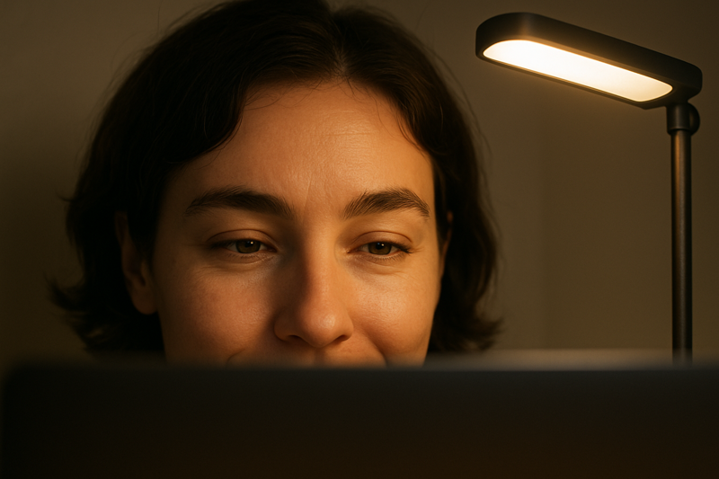 Close-up of a person's eyes looking comfortable while working on a laptop with a dimmable LED desk lamp nearby