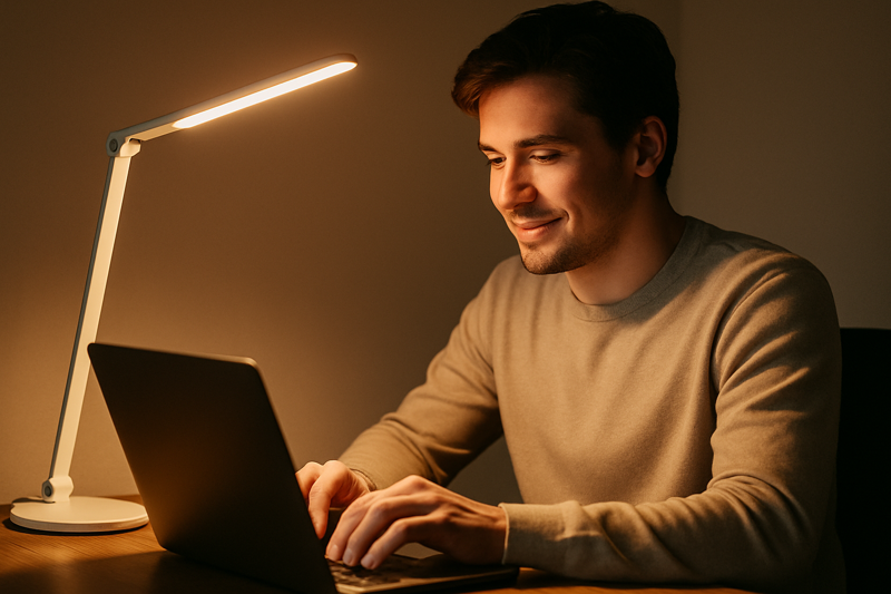 Person comfortably working under a dimmable LED desk lamp, showing reduced glare