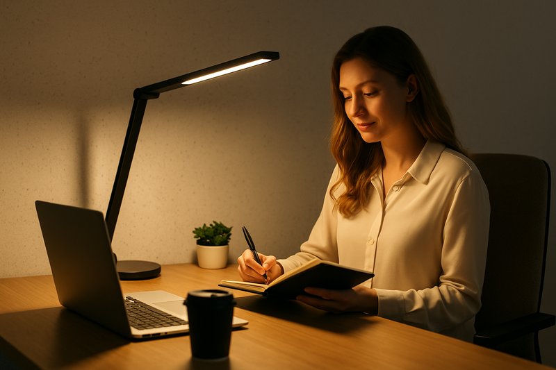 Woman writing under LED desk lamp