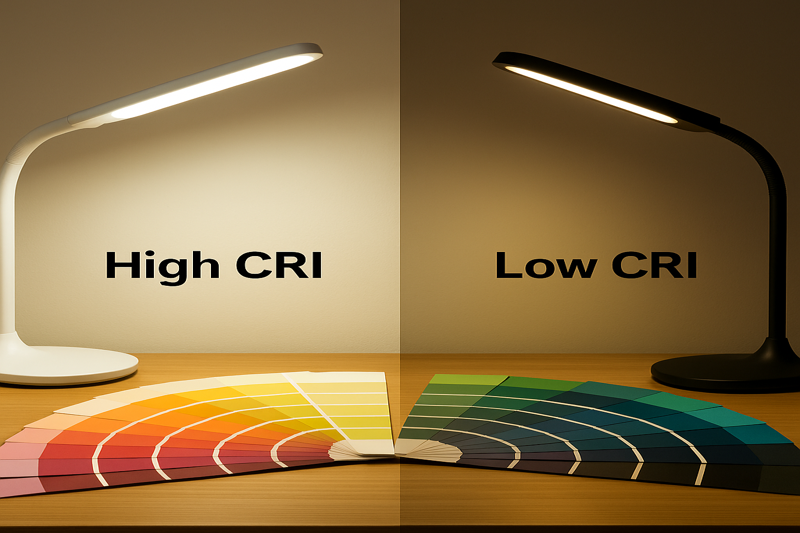 Comparing color swatches under high CRI LED desk lamp vs low CRI light
