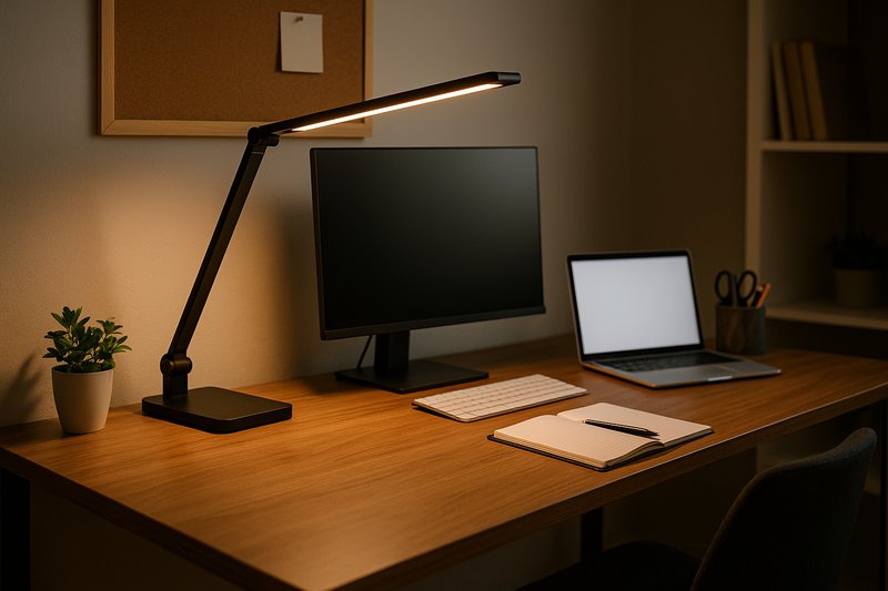 Home office setup with a dimmable LED desk lamp adjusted for focused work