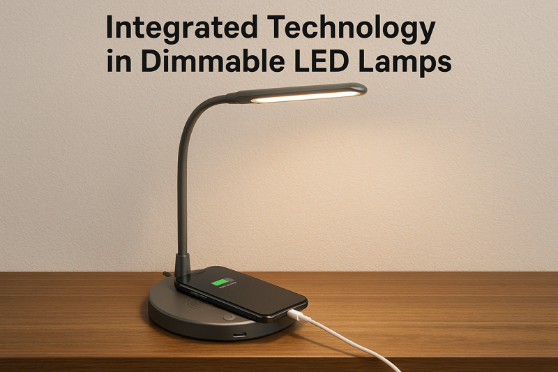 Dimmable LED desk lamp with a wireless charging pad in its base and a USB port