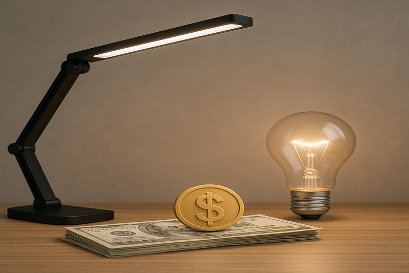 Energy Efficient LED Desk Lamp Illustrating Cost Savings