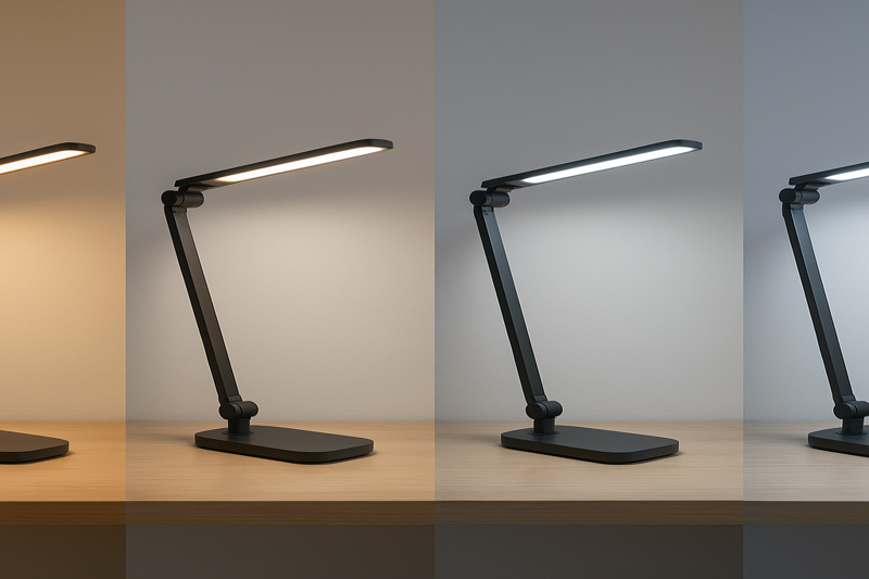 Desk lamp showing different color temperatures from warm to cool white