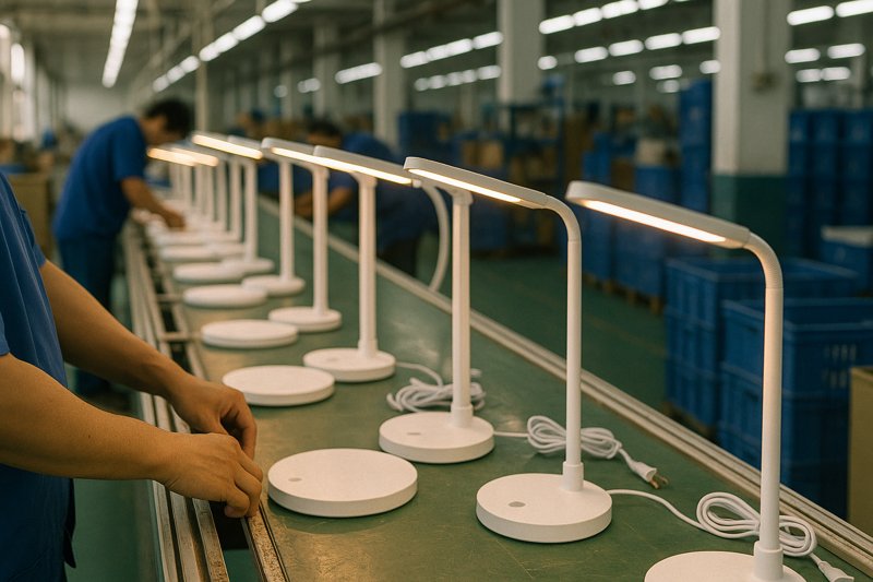 Factory assembly line for LED desk lamps, highlighting direct manufacturing