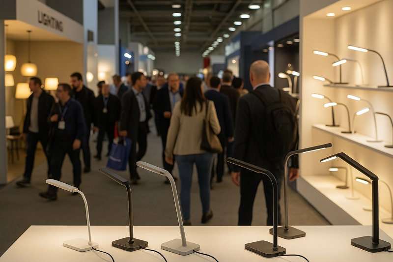 Busy exhibition hall at a lighting trade show with LED desk lamps on display