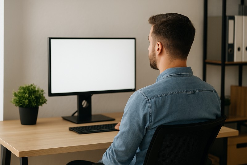Man adjusting monitor height at ergonomic desk