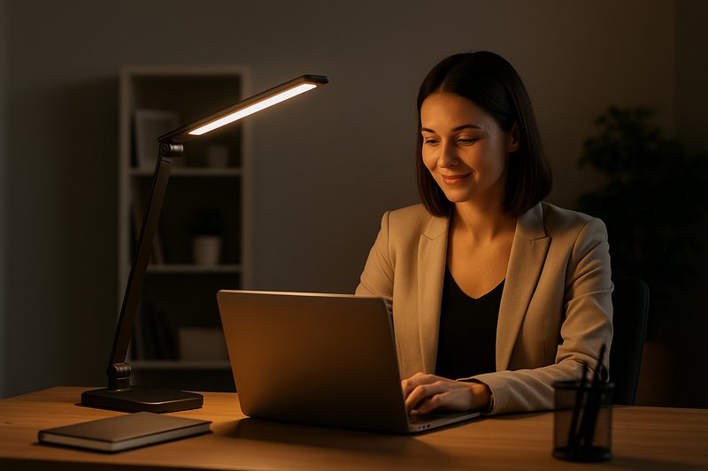 Woman working in cozy office lighting