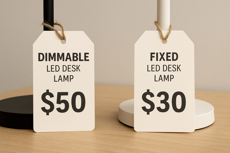 Comparing price tags of a dimmable LED desk lamp and a fixed-brightness model