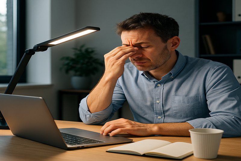 Man rubbing eyes under desk lamp