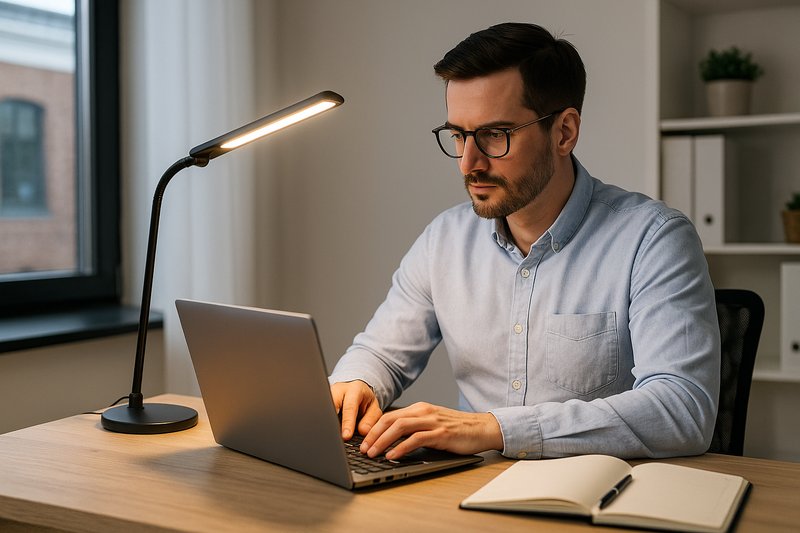 Man working under desk lamp in modern office