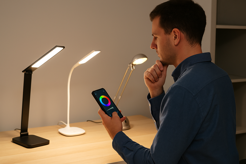 Person thoughtfully choosing a dimmable LED desk lamp for their workspace