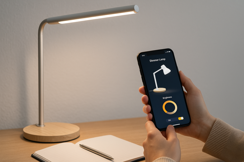 Person using a smartphone app to control a smart dimmable LED desk lamp