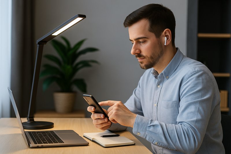 Man using phone under desk lamp