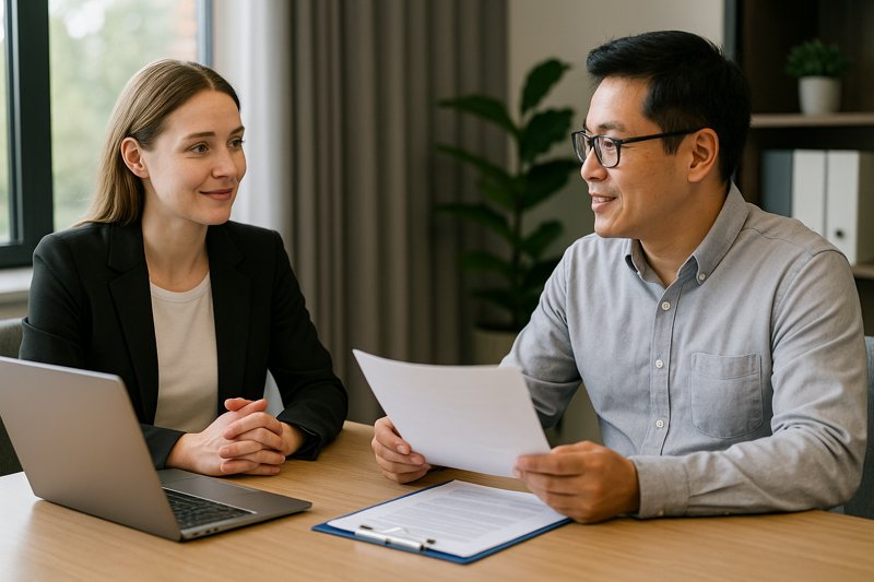Business person meeting with a sourcing agent in an office
