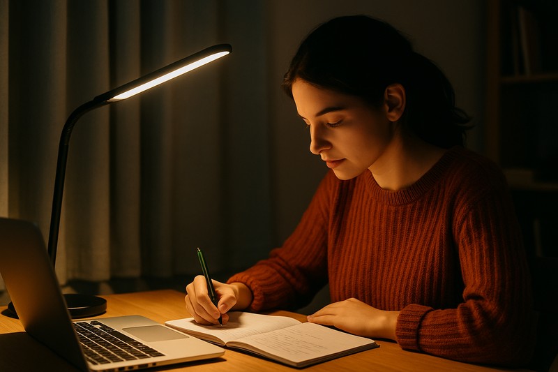 Student studying under a warm LED desk lamp at night